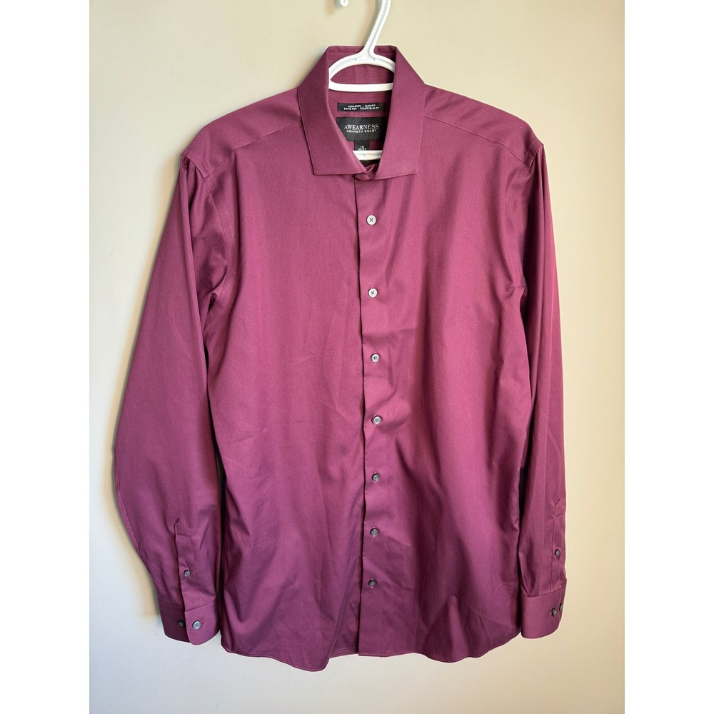 Awearness Kenneth Cole Mens Burgundy Slim Fit Dress Shirt 16 36/37 Tall Formal